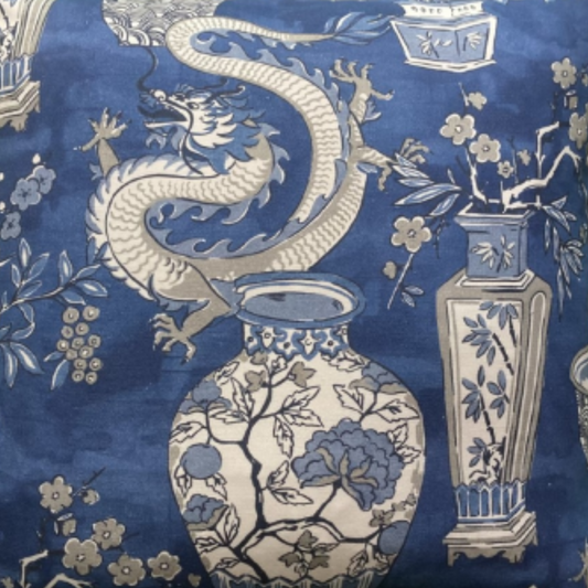 Chinoiserie Blue Ming Dynasty Jars and Dragons 21 X 21 Square Designer Pillow with Down Feather Insert