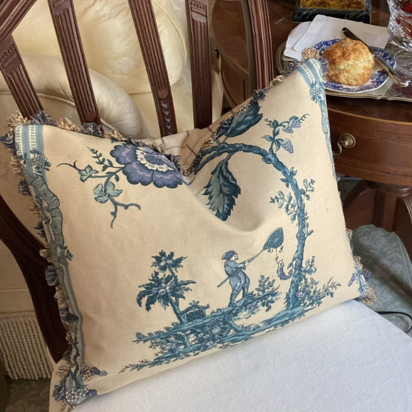 Traditional Chinoiserie Les Pecheurs from Bailey & Griffin with Samuel and Sons Fan Trim 16 X 20 Pillow with Down Feather Insert